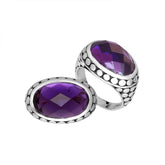 Sterling Silver faceted oval Amethyst Quartz ring with Balinese dotted bezel, handcrafted in Bali